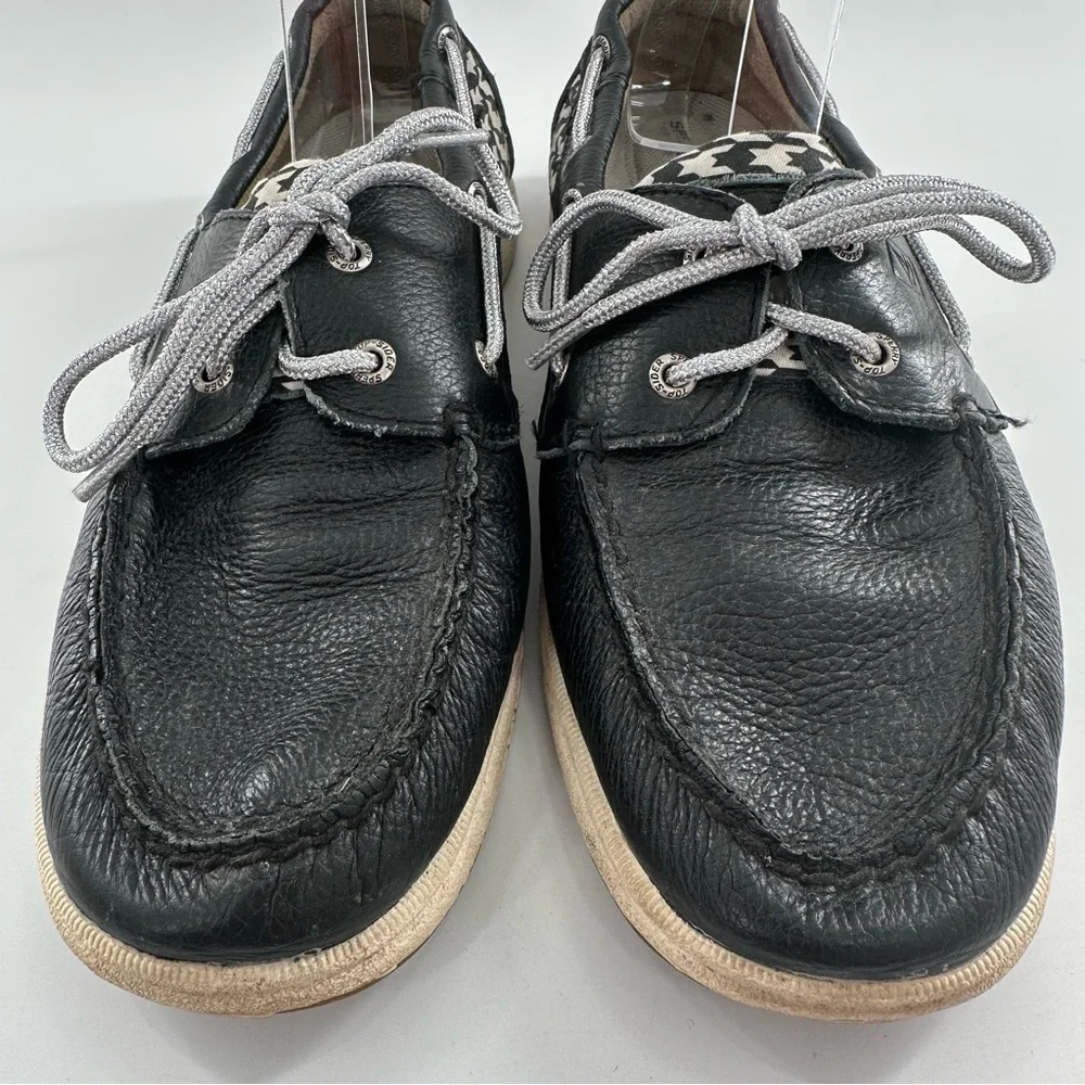 Sperry womens flats size 9.5 navy silver leather houndstooth preppy Boatshoes